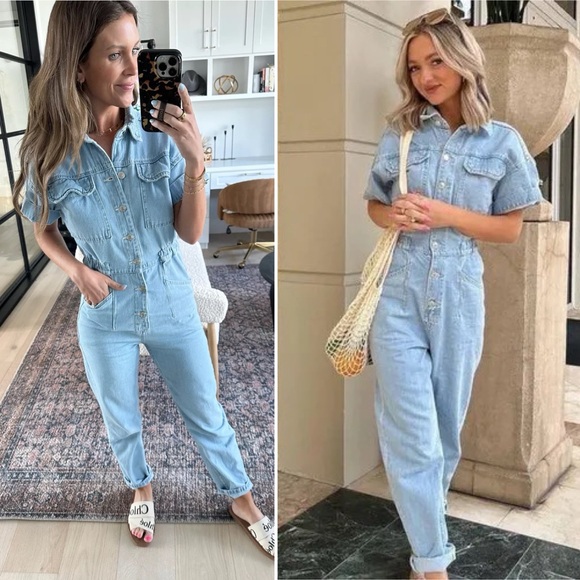 We The Free People Marci Denim Jean Jumpsuit in Clear Skies M Light Wash Utility - Picture 5 of 16